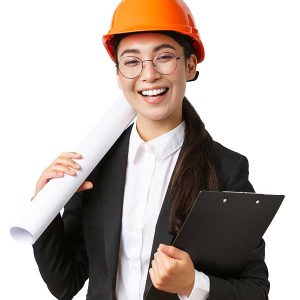Smiling female engineer holding blueprints and clipboard, wearing an orange safety helmet.